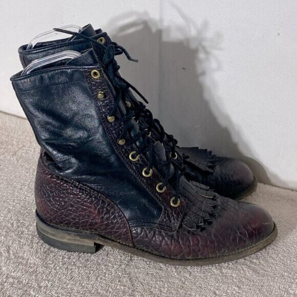 Vintage Justin Boots Pebbled Brown Burgundy Leather Packer Boots 7 - Picture 1 of 15
